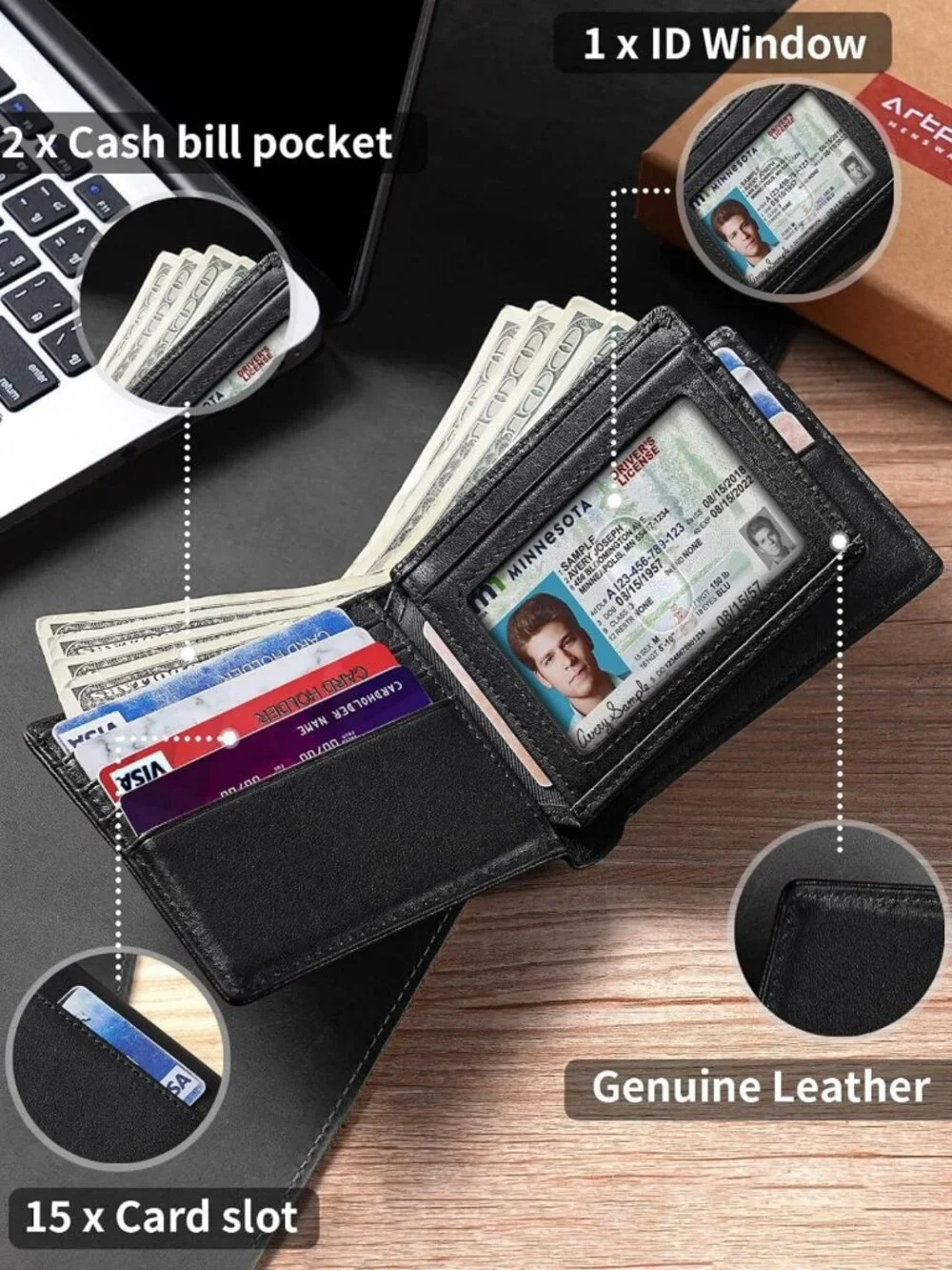 Genuine Leather Bifold Wallet for Men | RFID Blocking, 15 Card Holders, ID